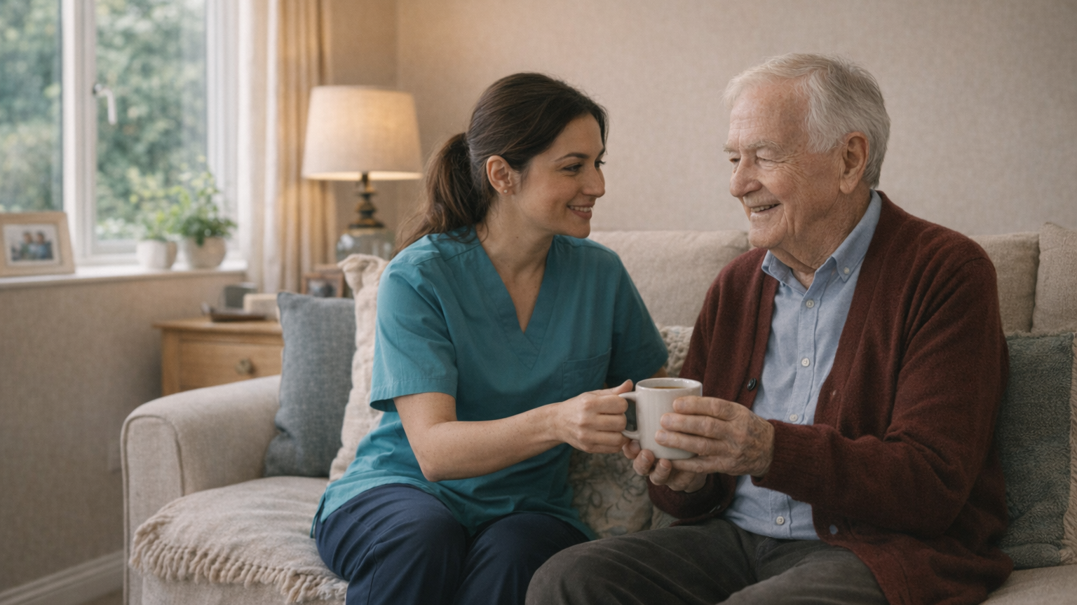 A care worker and client sharing a warm, reassuring moment at home